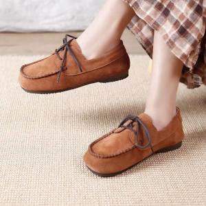 Cozy Leather Gommino Loafers Lace Up Womens Flats