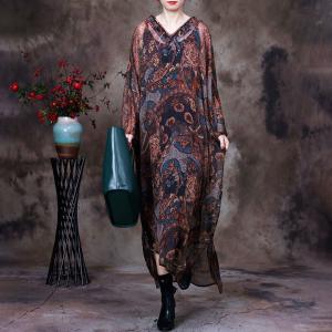 V-Neck Printed Moroccan Dress Plus Size Silk Maxi Dress with Camisole