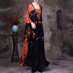 Flare Sleeves Loose Chinese Dress Contrast Colors Shift Dress