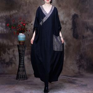 V-Neck Black Caftan Dress Plus Size Shift Dress for Senior Women