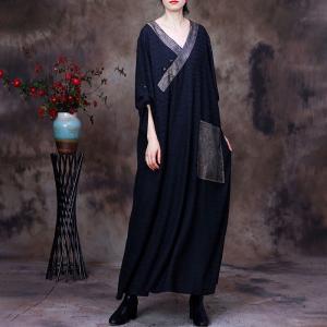 V-Neck Black Caftan Dress Plus Size Shift Dress for Senior Women