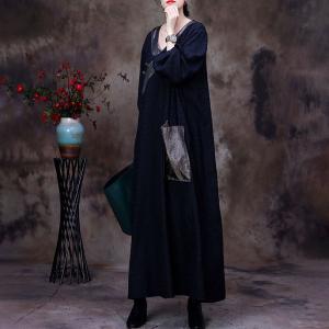 V-Neck Black Caftan Dress Plus Size Shift Dress for Senior Women
