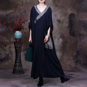 V-Neck Black Caftan Dress Plus Size Shift Dress for Senior Women