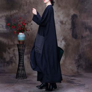White Dotted Pockets Black Cardigan Loose Silk Overcoat
