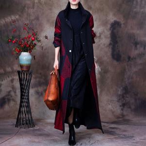 High Collar Winter Wool Coat Large Striped Overcoat