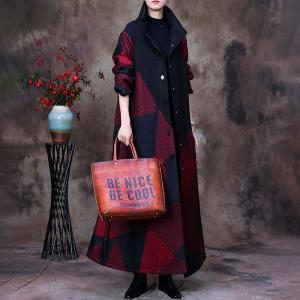 High Collar Winter Wool Coat Large Striped Overcoat