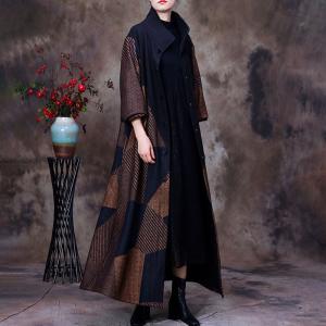 High Collar Winter Wool Coat Large Striped Overcoat