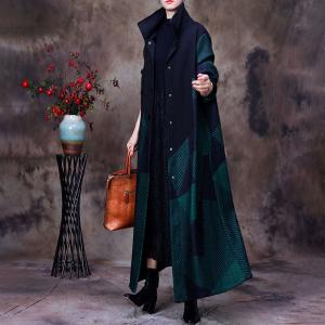 High Collar Winter Wool Coat Large Striped Overcoat