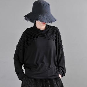 Mock Neck Tassel Tee Casual Cotton Black Pullover