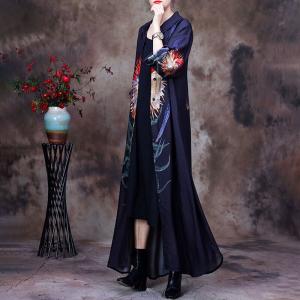 Big Flowers Chinese Cardigan Loose Black Modest Shirt Dress