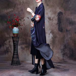 Big Flowers Chinese Cardigan Loose Black Modest Shirt Dress