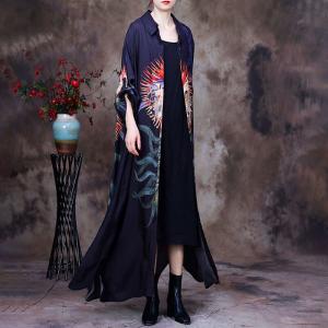 Big Flowers Chinese Cardigan Loose Black Modest Shirt Dress