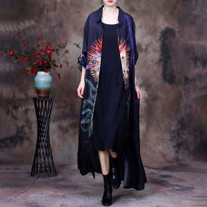 Big Flowers Chinese Cardigan Loose Black Modest Shirt Dress