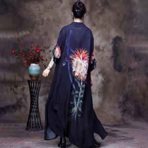 Big Flowers Chinese Cardigan Loose Black Modest Shirt Dress