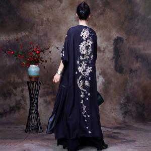 White Flowers Long Chinese Dress with MBlack Palazzo Pants