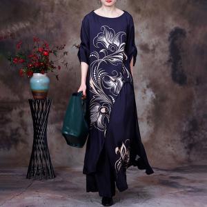 Huge Flowers Thigh Slits Tunic with Silky Black Palazzo Pants