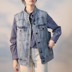 Stand Collar Light Wash Denim Vest Korean Vest Jacket