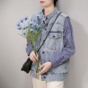 Stand Collar Light Wash Denim Vest Korean Vest Jacket