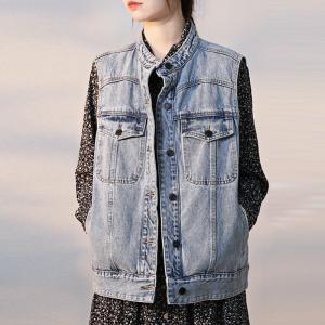 Stand Collar Light Wash Denim Vest Korean Vest Jacket