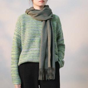 Crew Neck Green Sweater Knitting Wool Pullover for Women