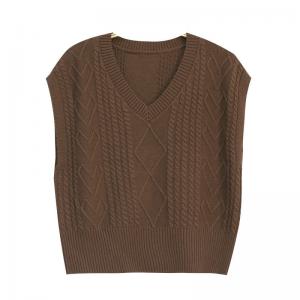 V-Neck Cable Knit Vest Earthy Tone Sleeveless Sweater