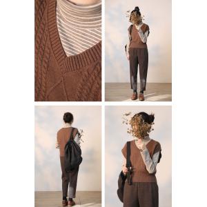 V-Neck Cable Knit Vest Earthy Tone Sleeveless Sweater