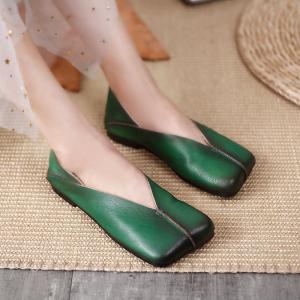 Square Toe Cowhide Granny Flats Low Heels Slip-On Sandals