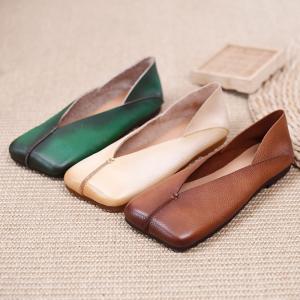 Square Toe Cowhide Granny Flats Low Heels Slip-On Sandals