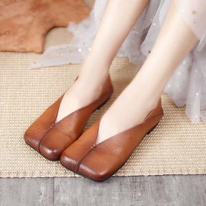 Square Toe Cowhide Granny Flats Low Heels Slip-On Sandals