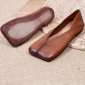 Square Toe Cowhide Granny Flats Low Heels Slip-On Sandals