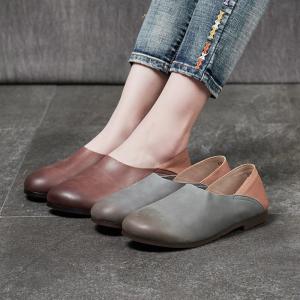 Bicolored Summer Leather Flats Comfy Round Roe Shoes