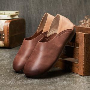 Bicolored Summer Leather Flats Comfy Round Roe Shoes