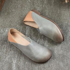 Bicolored Summer Leather Flats Comfy Round Roe Shoes