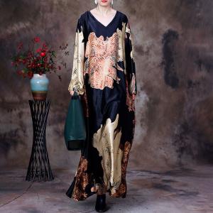 V-Neck Printed Maxi Dress Loose Silk Modest Elegant Dress