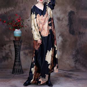 V-Neck Printed Maxi Dress Loose Silk Modest Elegant Dress