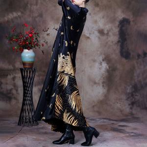 Golden Printed Black Loose Cheongsam Loose Chinese Dress