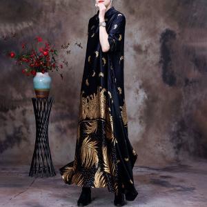 Golden Printed Black Loose Cheongsam Loose Chinese Dress