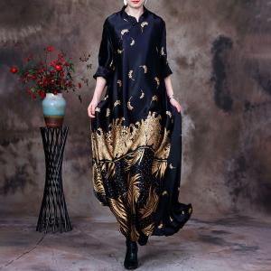 Golden Printed Black Loose Cheongsam Loose Chinese Dress