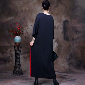 Black Contrast Half Sleeve Silk Dress Plus Size Elegant Dress