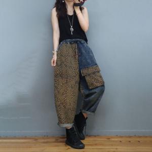 Flap Pockets Leopard Jeans Womens Baggy Dad Jeans