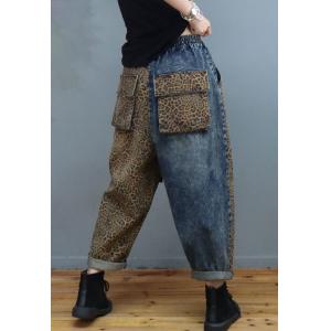 Flap Pockets Leopard Jeans Womens Baggy Dad Jeans