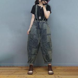 Street Fashion Plaid Suspender Pants Patchwork Denim Overalls