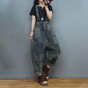 Street Fashion Plaid Suspender Pants Patchwork Denim Overalls