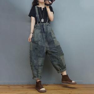 Street Fashion Plaid Suspender Pants Patchwork Denim Overalls