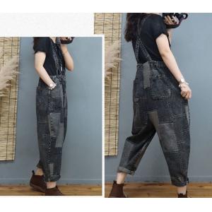 Street Fashion Plaid Suspender Pants Patchwork Denim Overalls