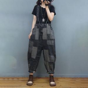 Street Fashion Plaid Suspender Pants Patchwork Denim Overalls