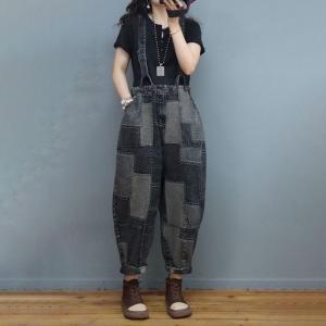 Street Fashion Plaid Suspender Pants Patchwork Denim Overalls