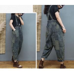 Street Fashion Plaid Suspender Pants Patchwork Denim Overalls