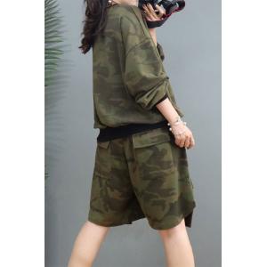 Casual Style Long Sleeves Sweatshirt with Cotton Camo Shorts
