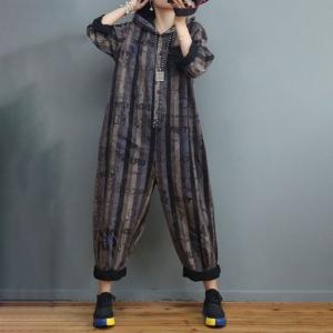 Letter Prints Black Hooded Jumpsuits Chunky Striped Jean Coveralls